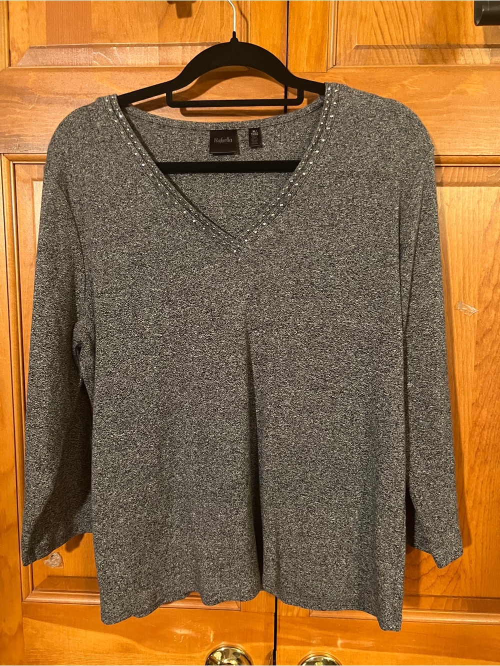 Rafaella Gray V-Neck Long Sleeve Knit Top with Rhinestone Trim